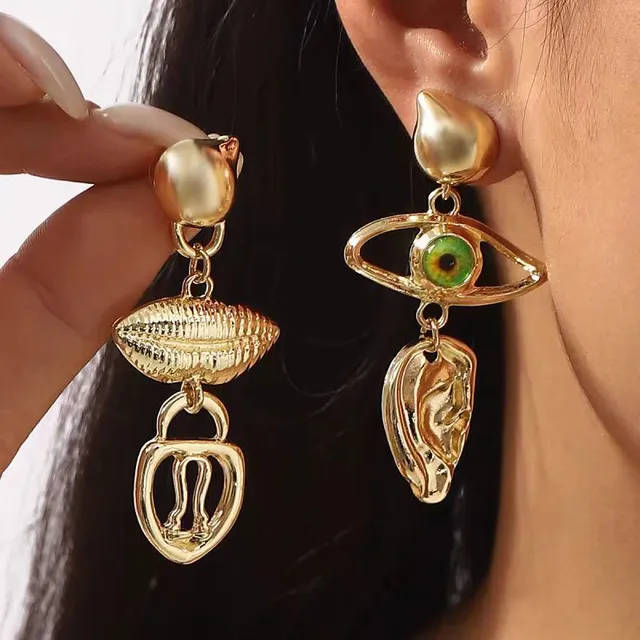 Asymmetrical Sculptural Gold-Tone Enamel Eye Earrings 4