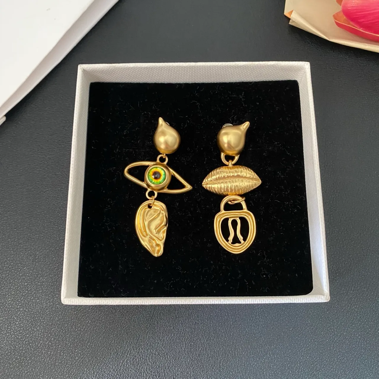 Asymmetrical Sculptural Gold-Tone Enamel Eye Earrings 6