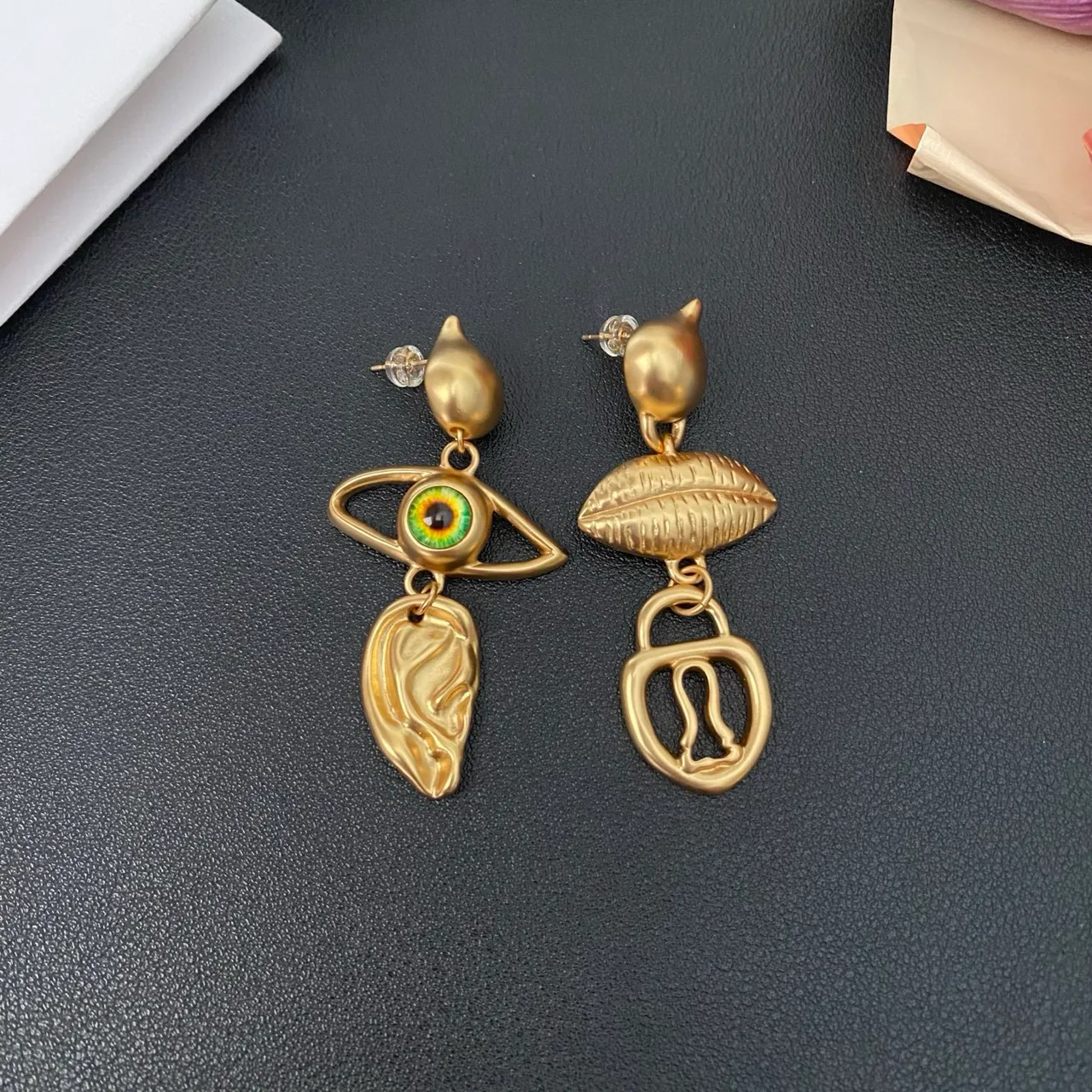 Asymmetrical Sculptural Gold-Tone Enamel Eye Earrings 7