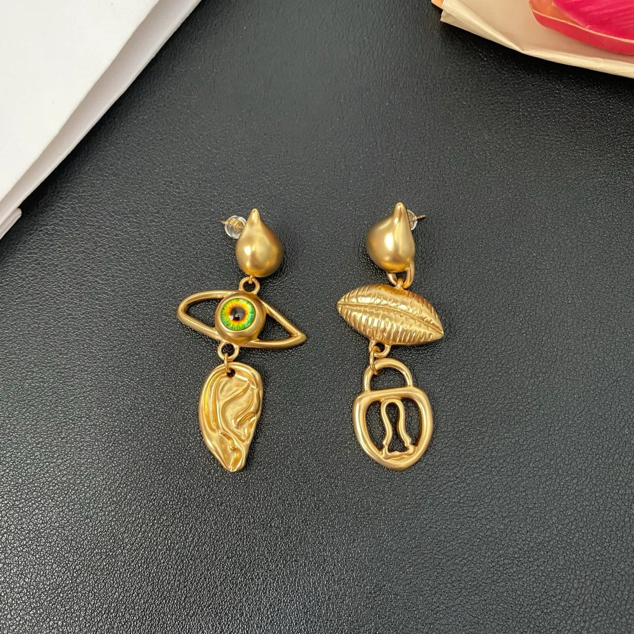 Asymmetrical Sculptural Gold-Tone Enamel Eye Earrings 8