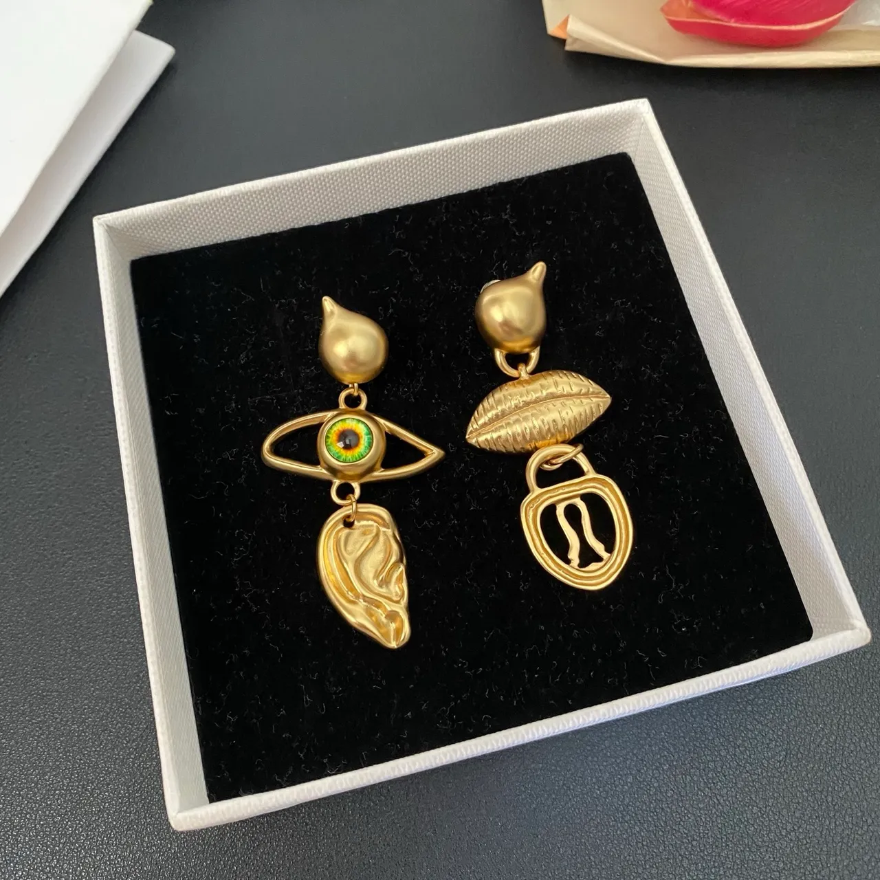 Asymmetrical Sculptural Gold-Tone Enamel Eye Earrings 9