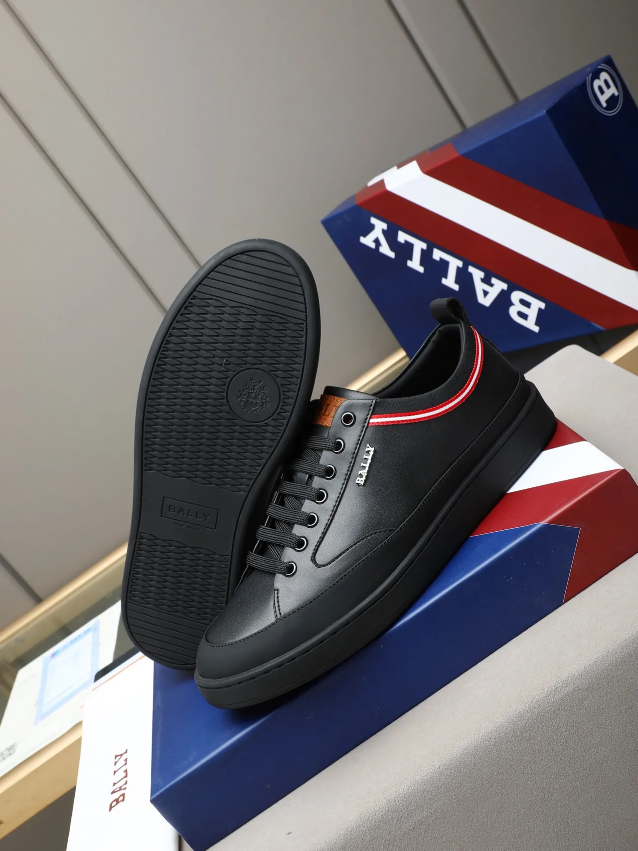 Bally Black Red Leather Upper Striped Collar Loafer 4