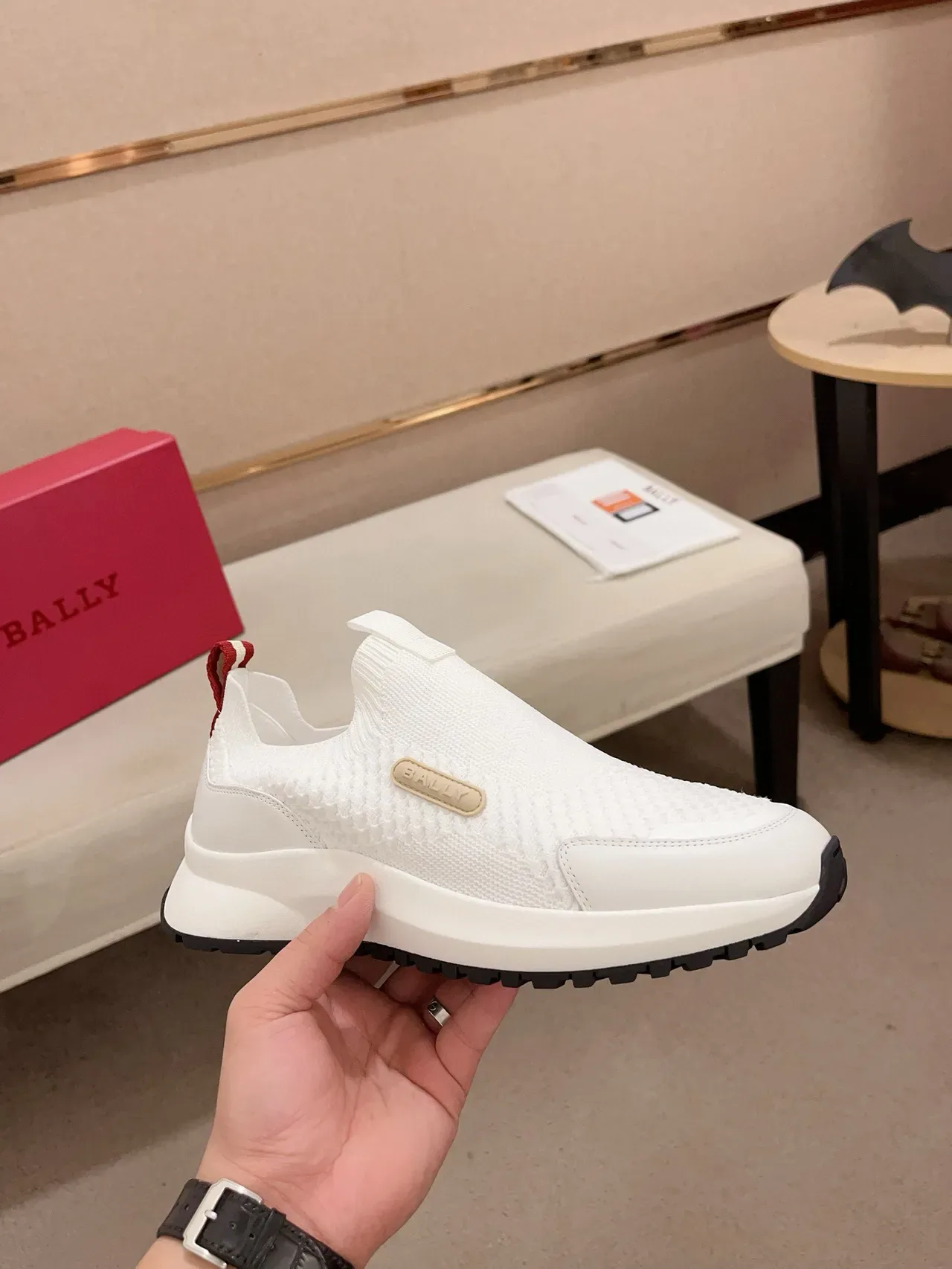 Bally White Red Knit Slip-On Monochrome Lifestyle Sneakers 4