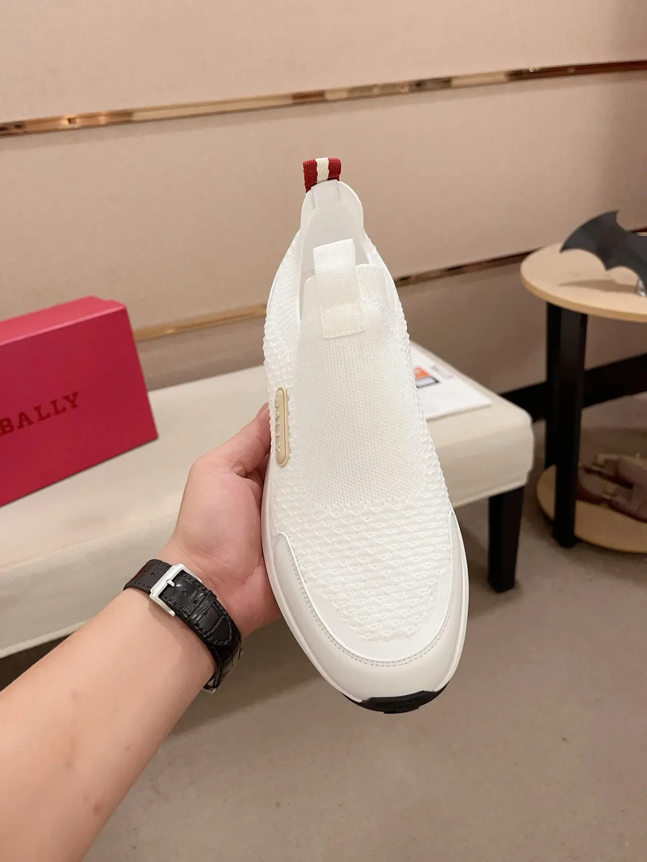 Bally White Red Knit Slip-On Monochrome Lifestyle Sneakers 5
