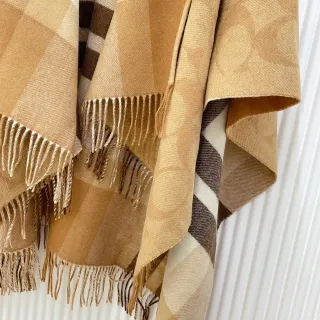 Beige and Brown Plaid Fringed Woven Shawl