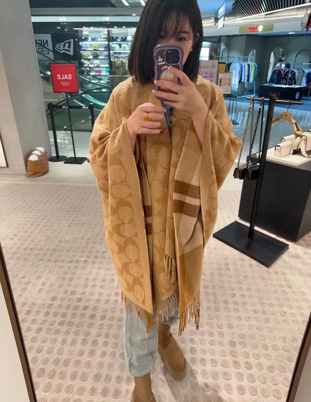 Beige and Brown Plaid Fringed Woven Shawl 2
