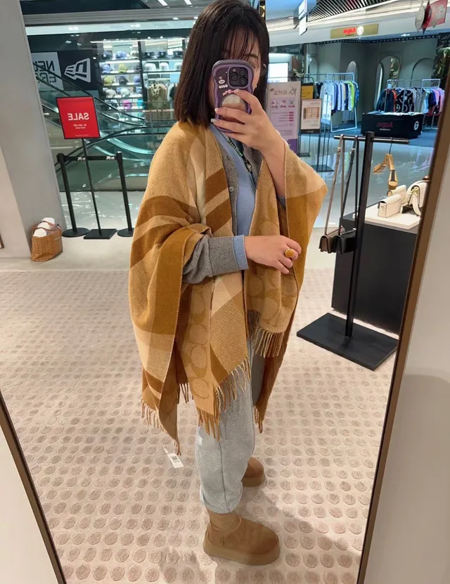 Beige and Brown Plaid Fringed Woven Shawl 3
