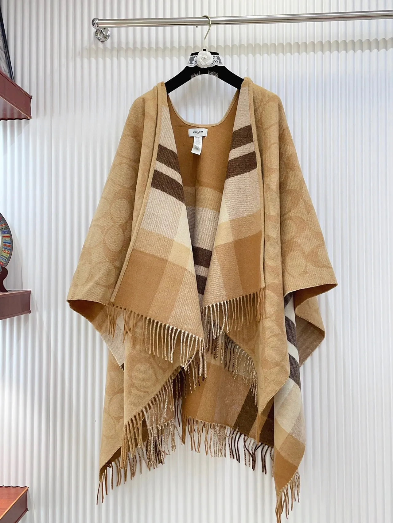 Beige and Brown Plaid Fringed Woven Shawl 7