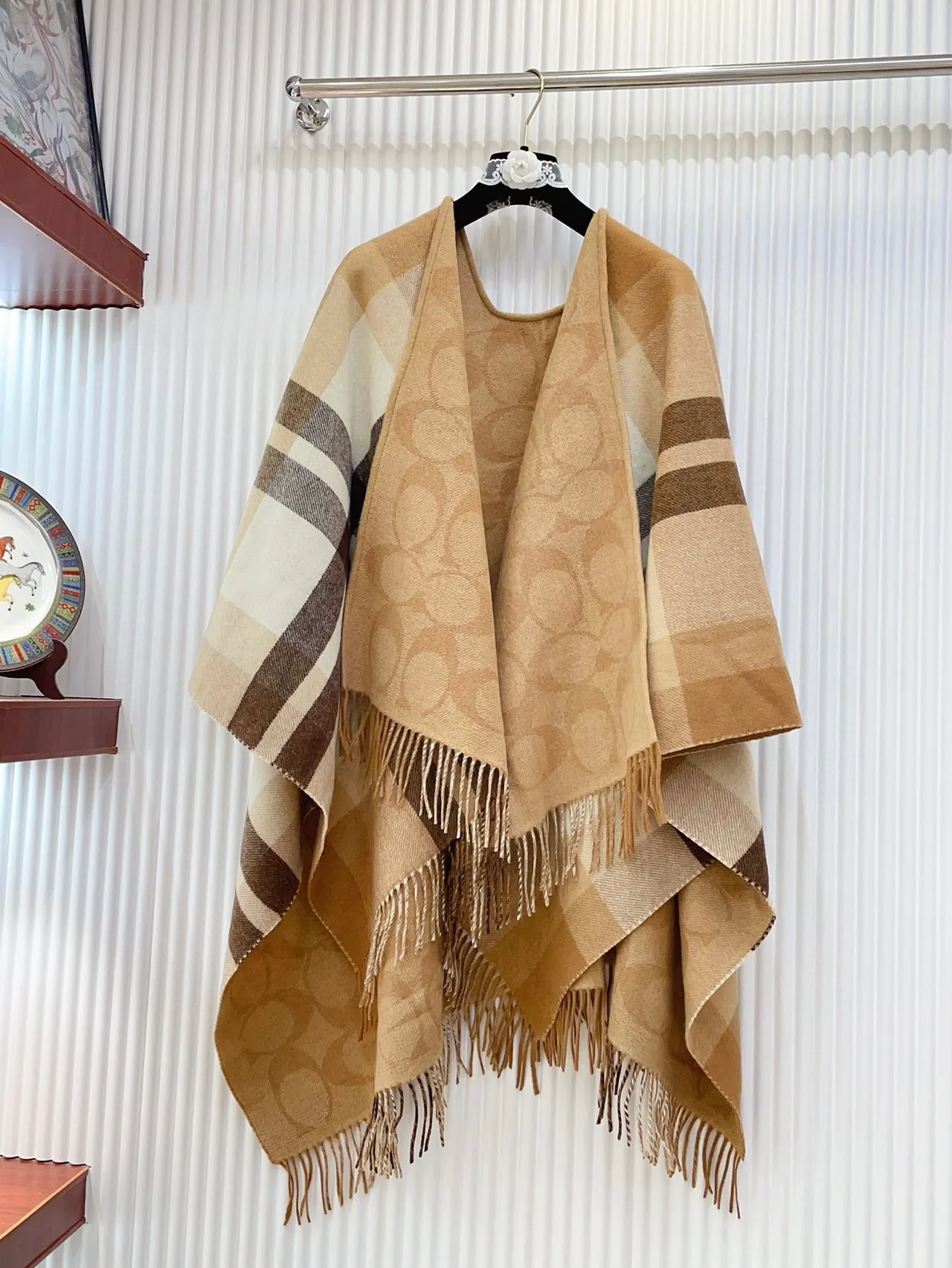Beige and Brown Plaid Fringed Woven Shawl 8