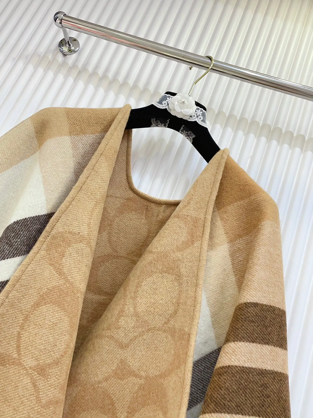 Beige and Brown Plaid Fringed Woven Shawl 9