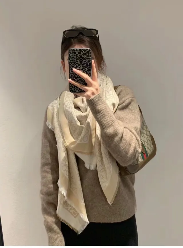Beige and White Abstract Loop Print Silk Scarf 2