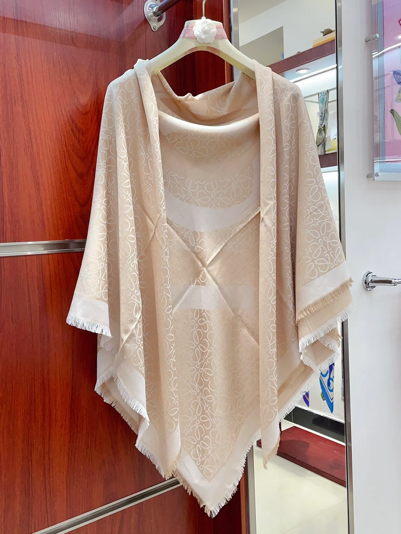 Beige and White Abstract Loop Print Silk Scarf 7
