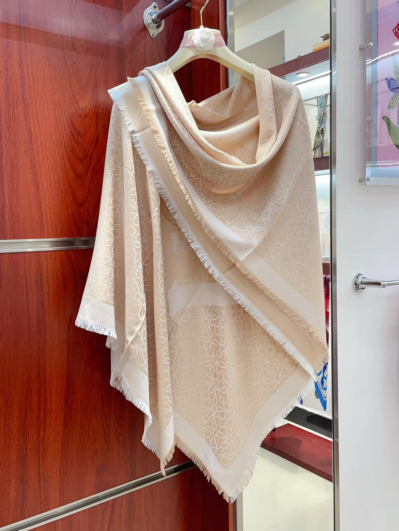 Beige and White Abstract Loop Print Silk Scarf 8