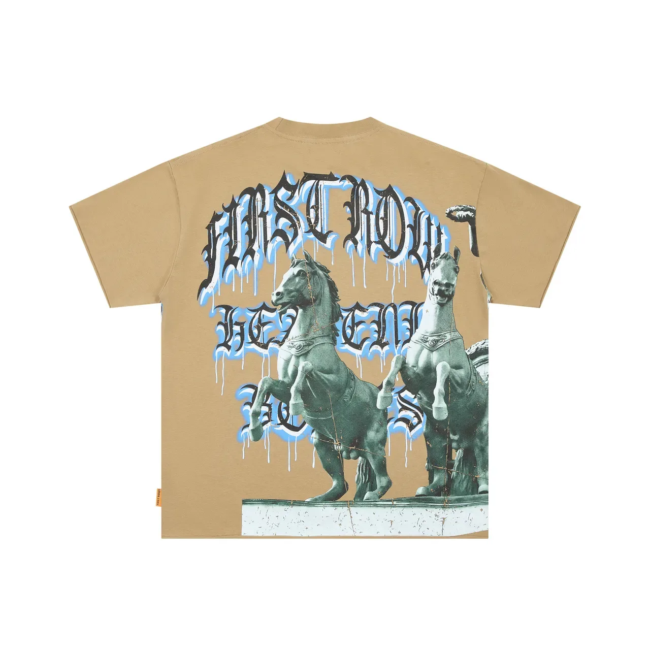 Beige Blue Oversized Fit Graphic-Print Front T-Shirt 2