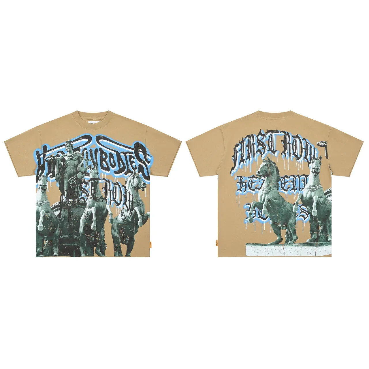 Beige Blue Oversized Fit Graphic-Print Front T-Shirt 3