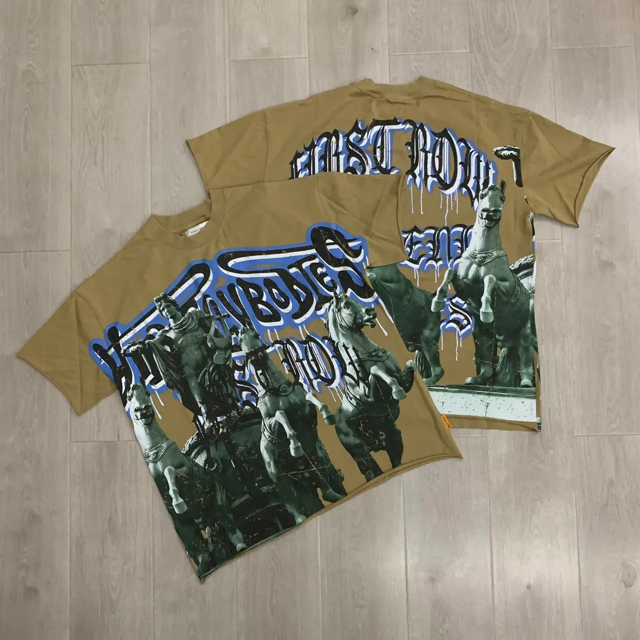 Beige Blue Oversized Fit Graphic-Print Front T-Shirt 4