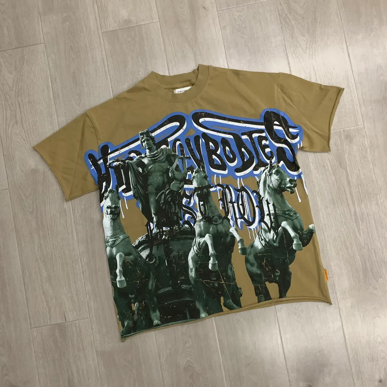 Beige Blue Oversized Fit Graphic-Print Front T-Shirt 5