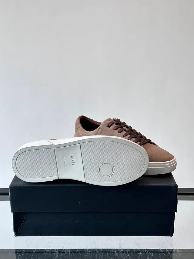Beige Brown Suede Upper Embossed Logo Sneakers 2