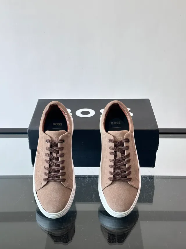 Beige Brown Suede Upper Embossed Logo Sneakers 4