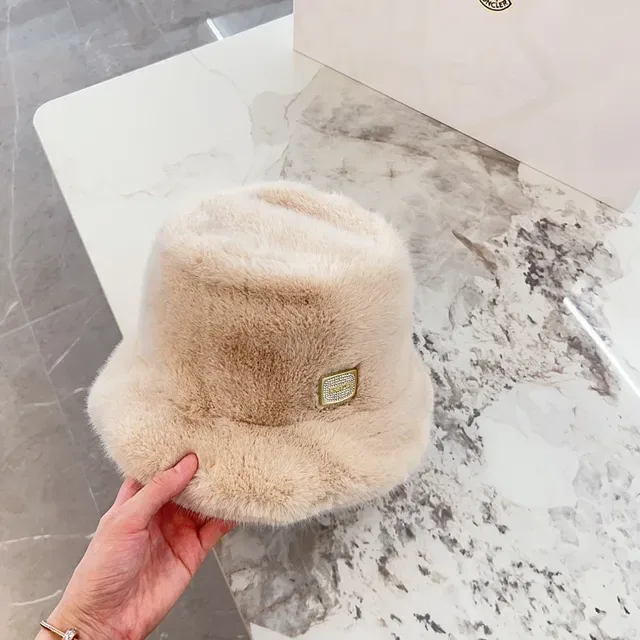 Beige Faux Fur Embellished Bucket Hat 3