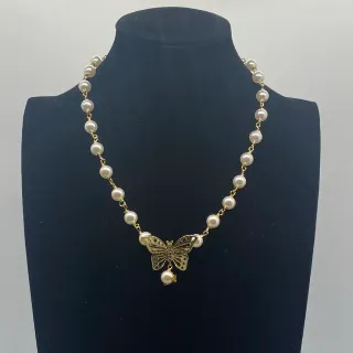 Beige Gold Pearl Strand Butterfly Pendant Necklace