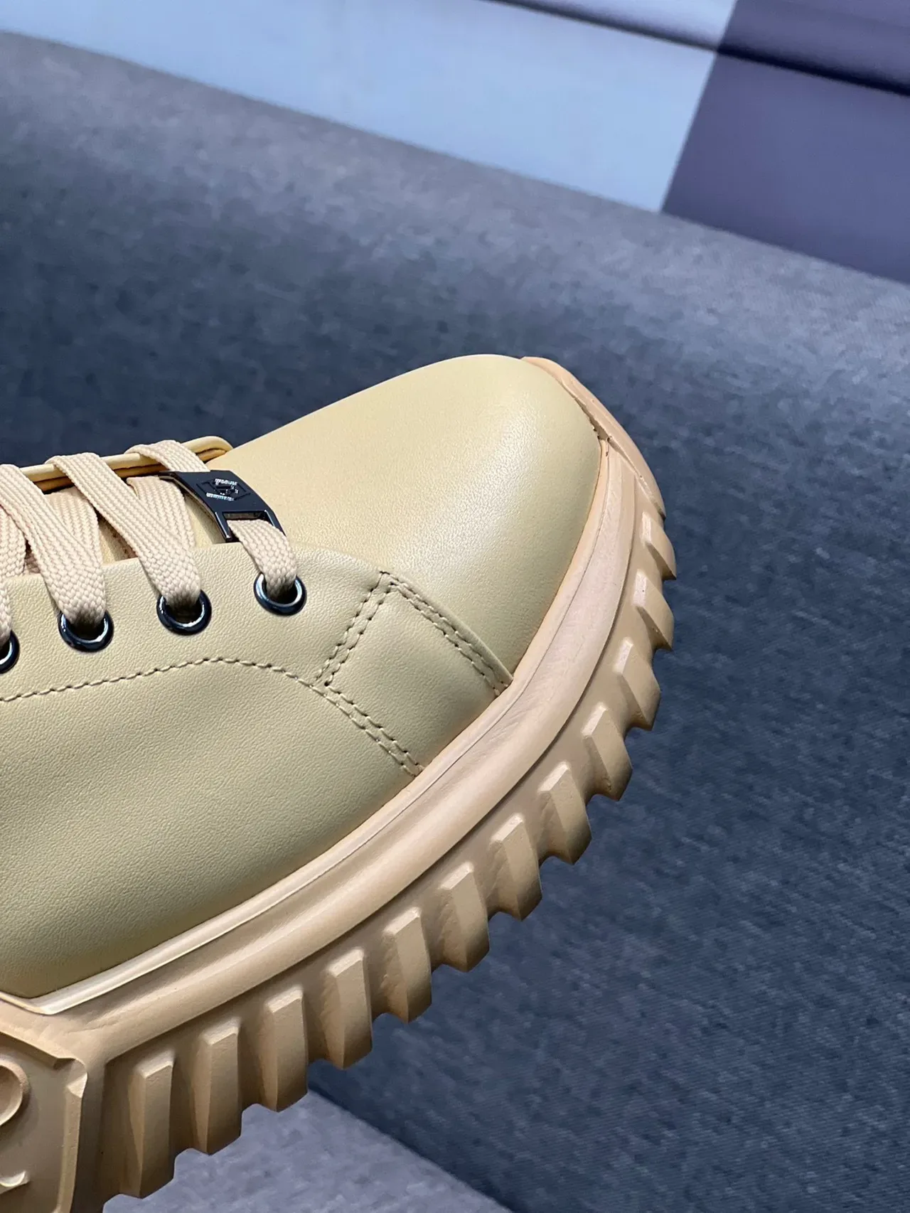 Beige Monogrammed Side Plaque Sculpted Ridged Sole Sneakers 3