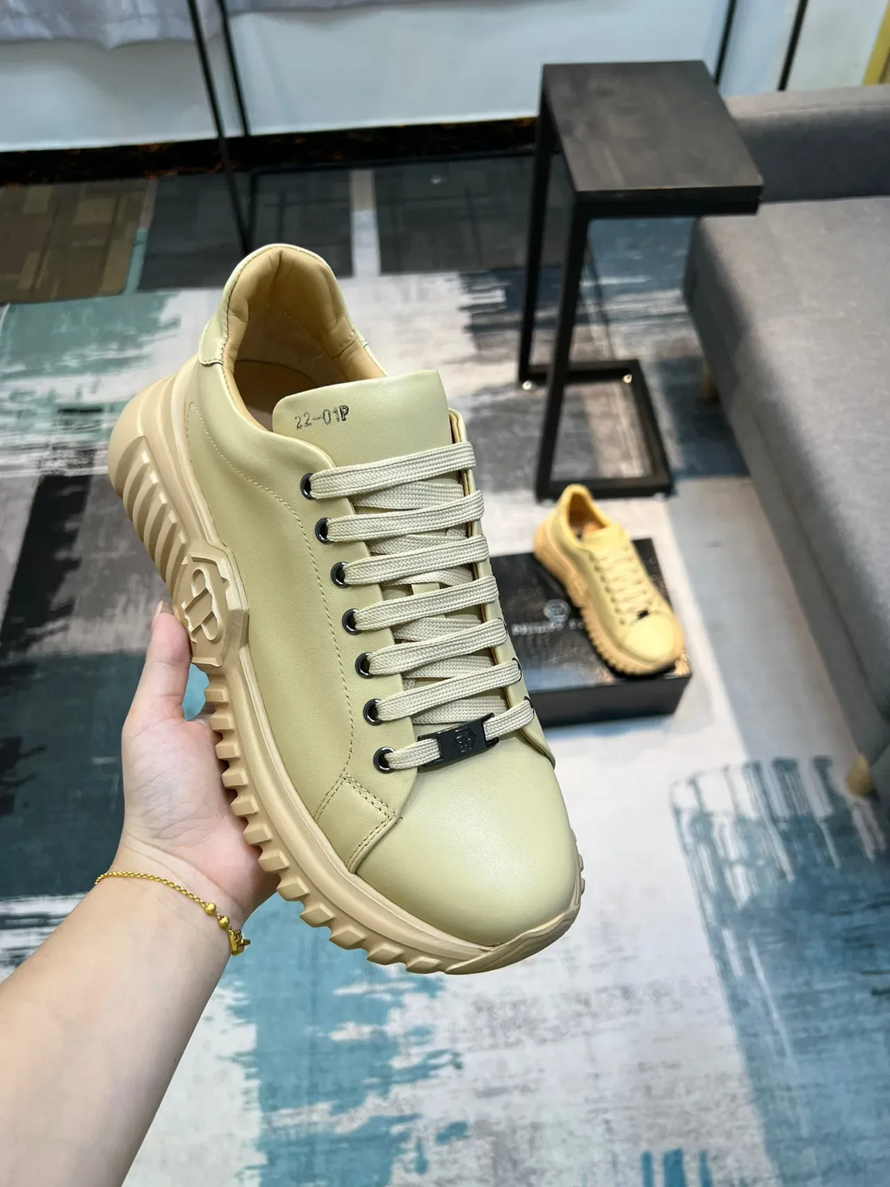 Beige Monogrammed Side Plaque Sculpted Ridged Sole Sneakers 5