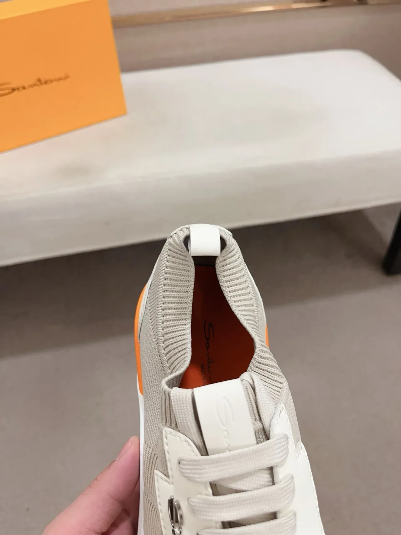 Beige Orange Knit Upper Sculpted White Midsole Sneakers 4