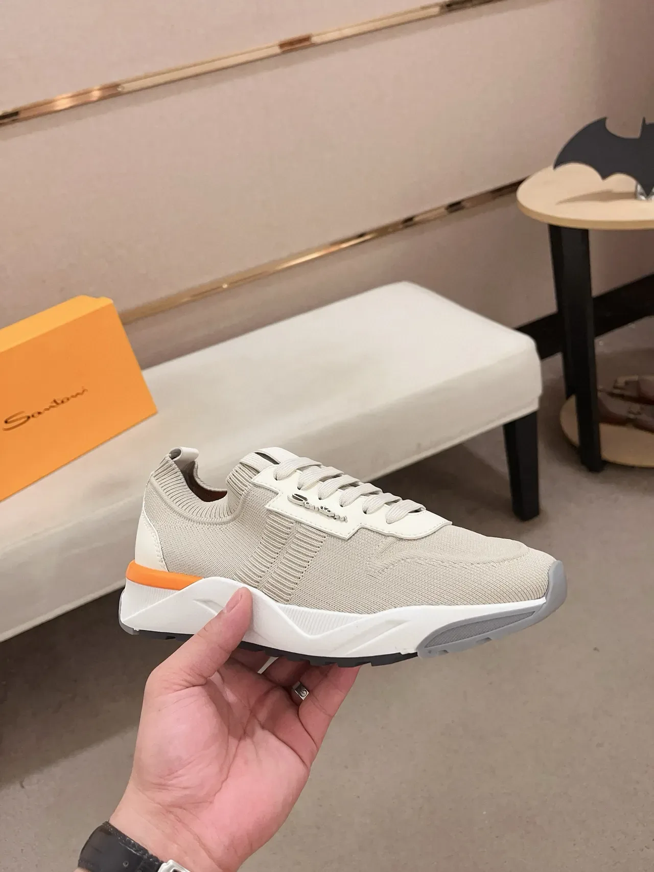 Beige Orange Knit Upper Sculpted White Midsole Sneakers 5