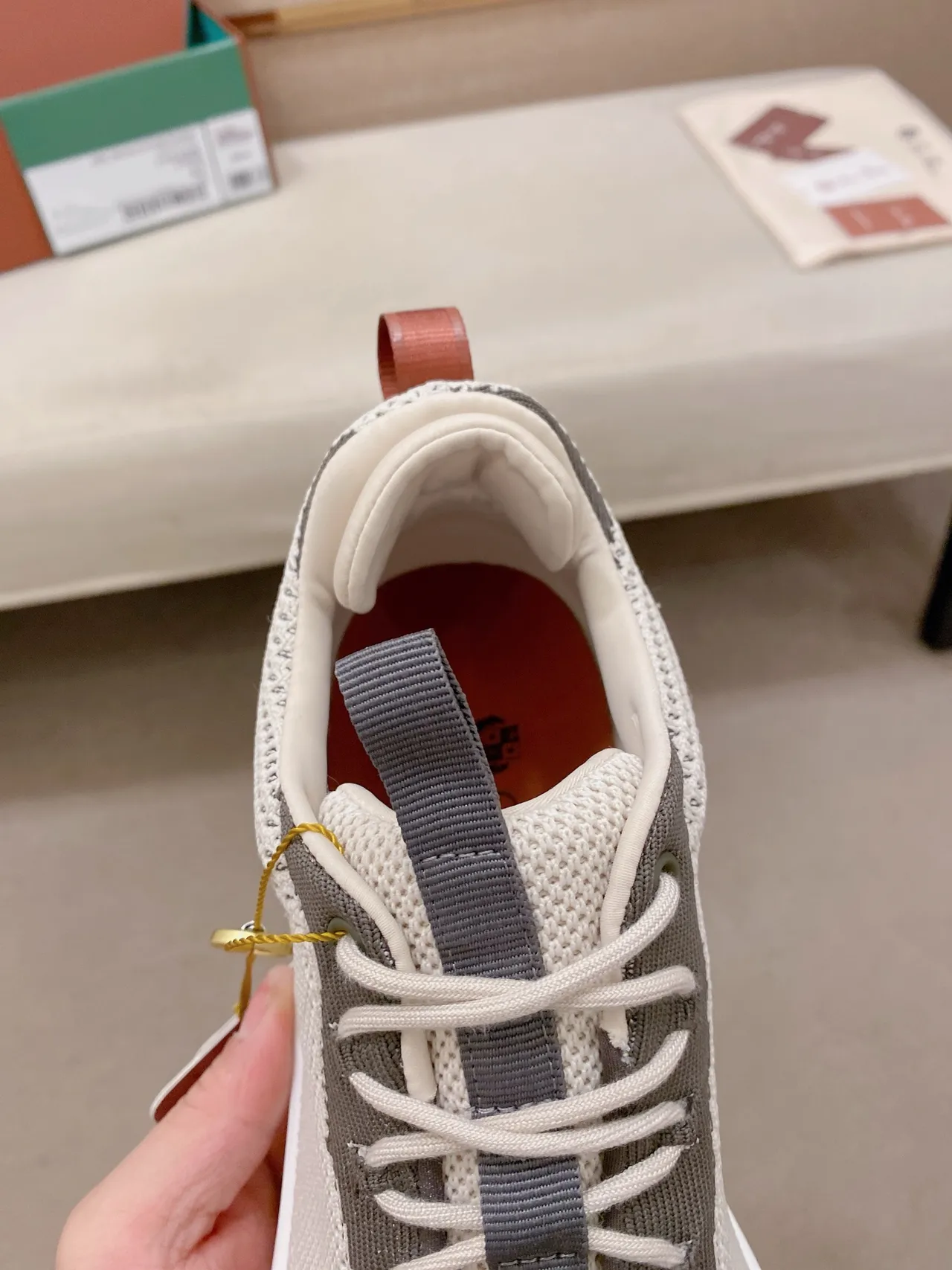 Beige Red Knit-Mesh Hybrid Upper Sculpted White Midsole Sneakers 4
