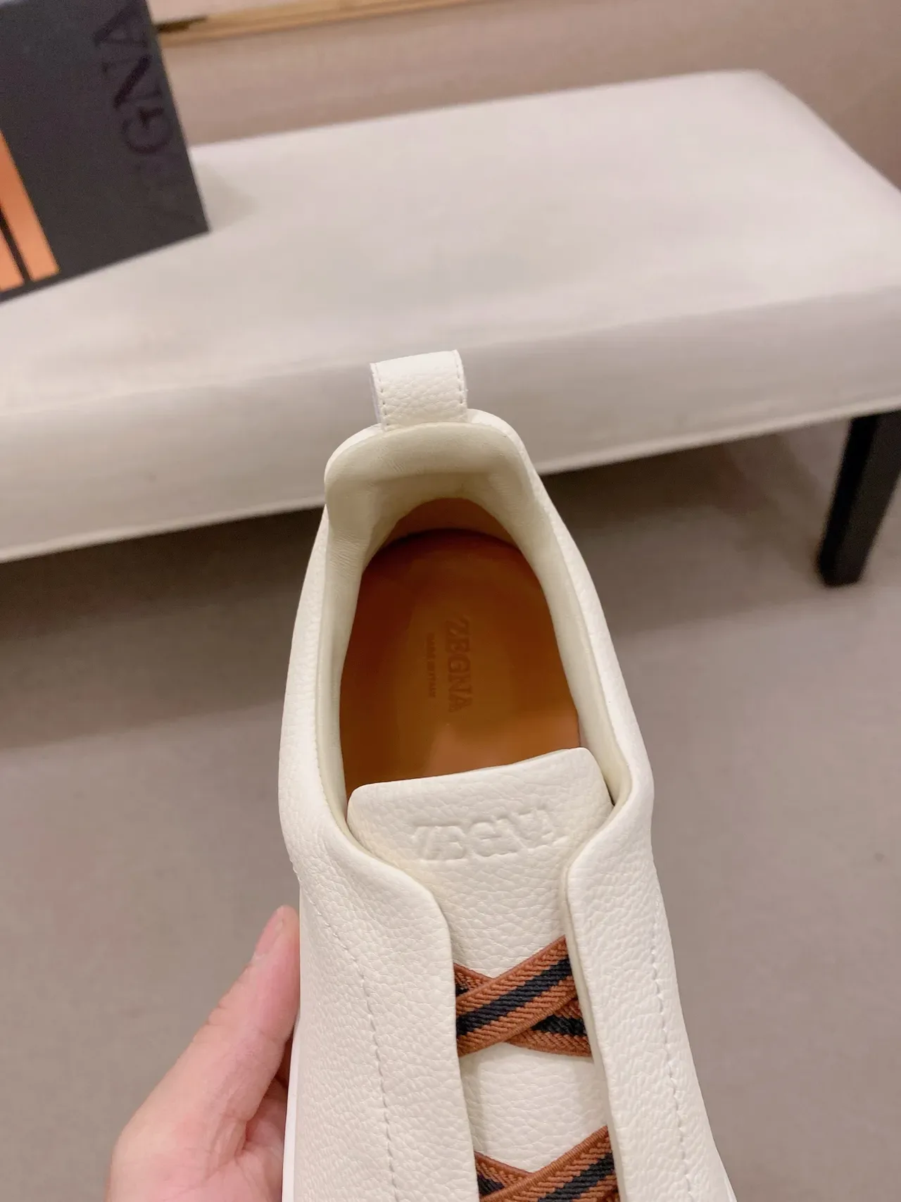 Beige White Slip-On Pebbled Texture Sneakers 3