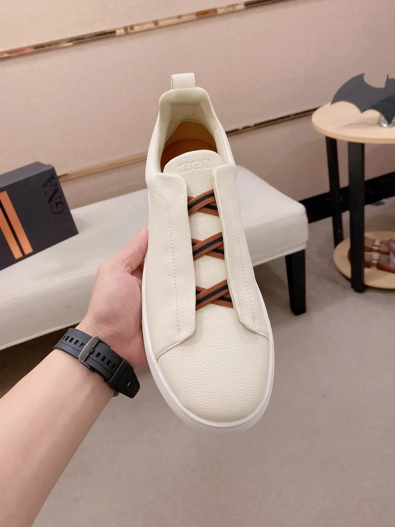 Beige White Slip-On Pebbled Texture Sneakers 5