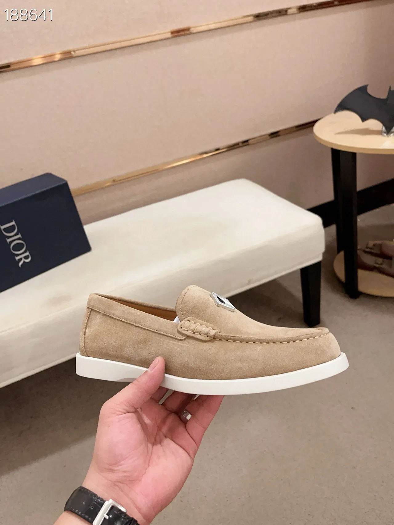 Beige White Suede Upper Moc-Toe Stitching Loafer 5