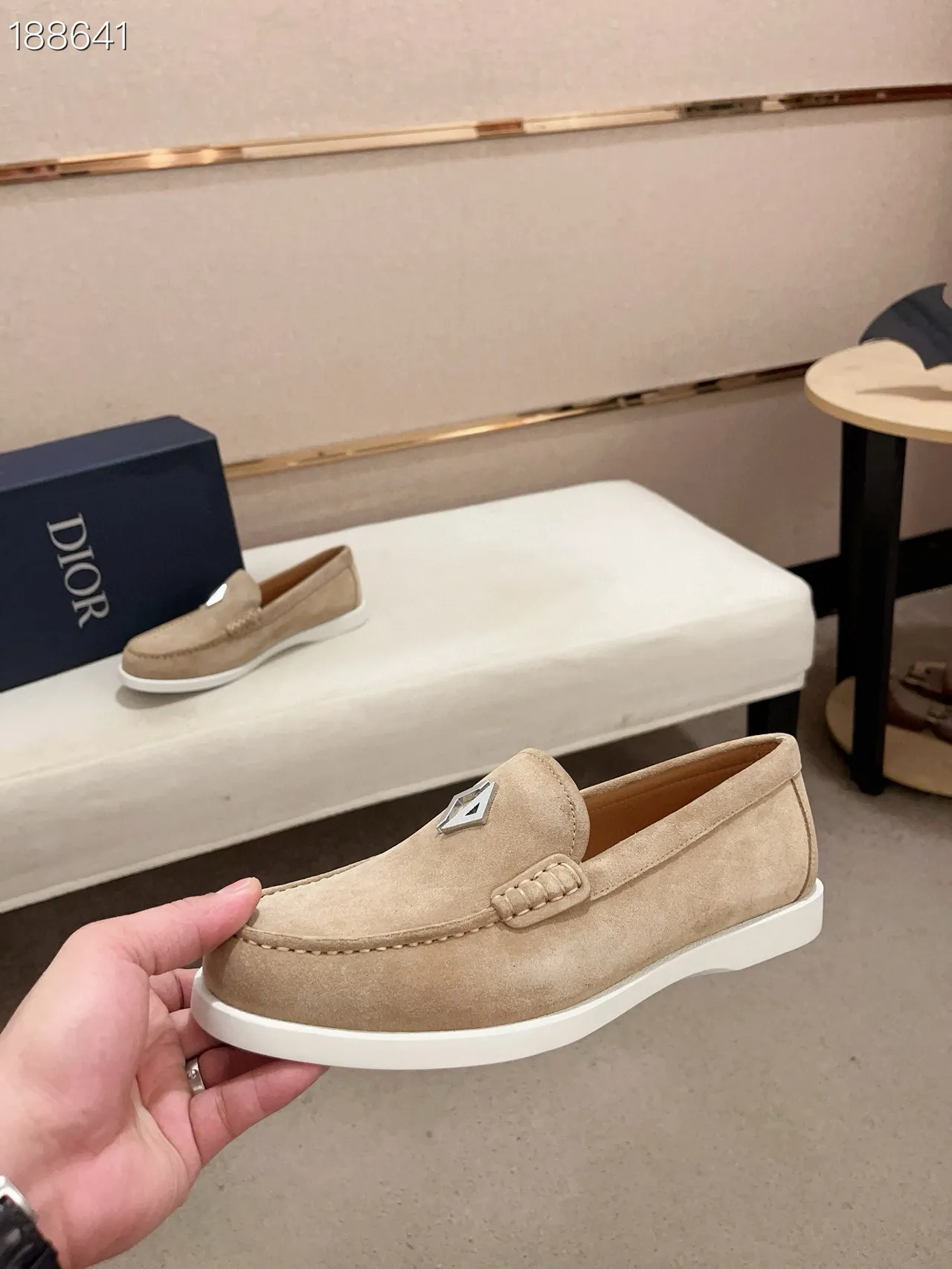 Beige White Suede Upper Moc-Toe Stitching Loafer 6