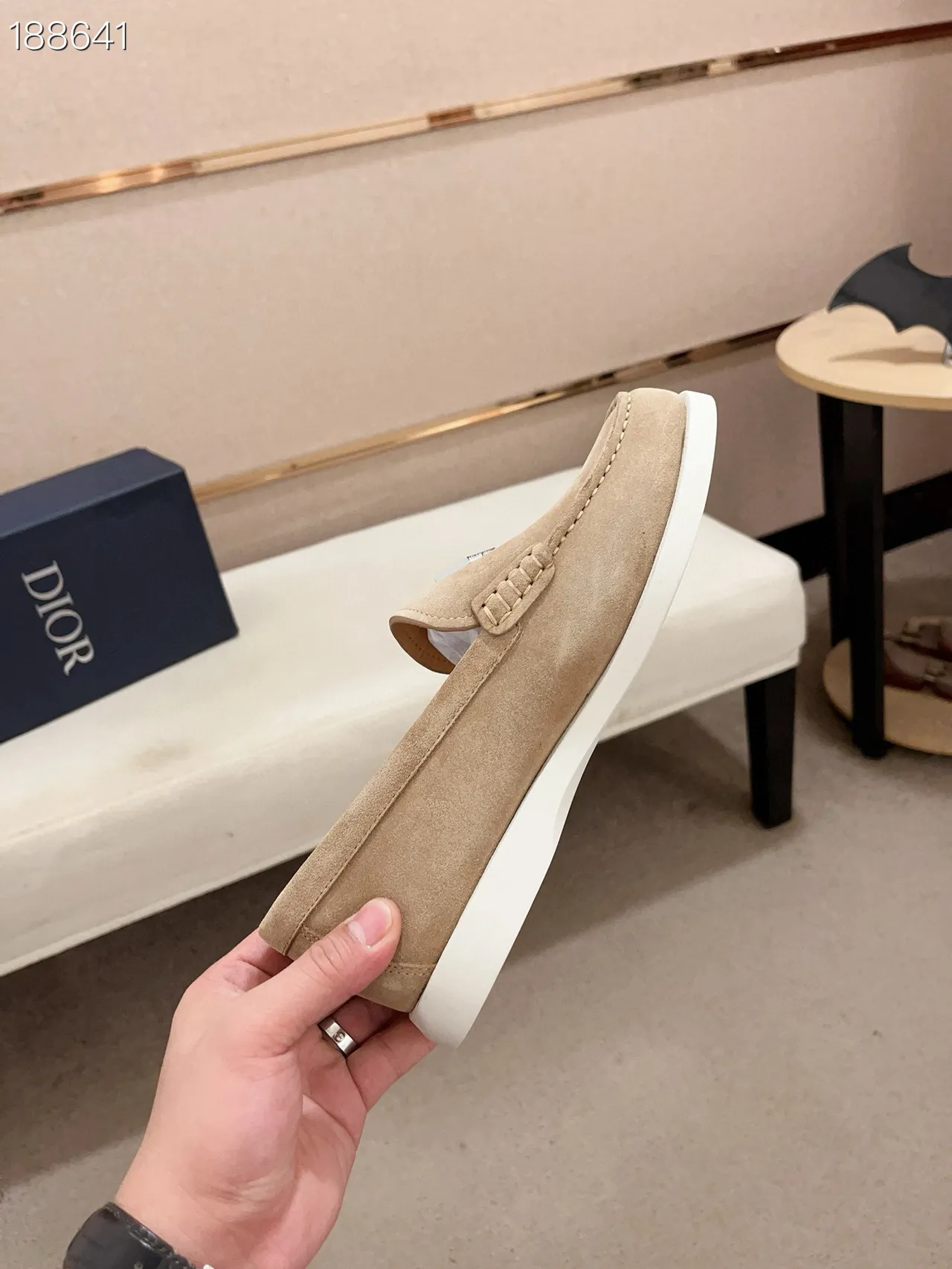 Beige White Suede Upper Moc-Toe Stitching Loafer 7