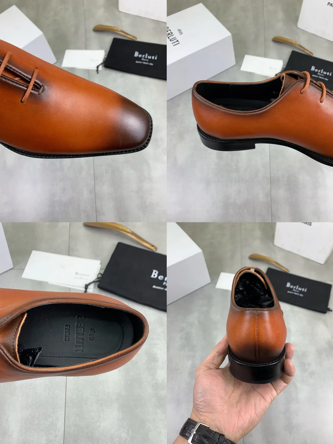 Berluti Chaussures Oxford Cuir Lisse de Grain Complet Marron Noir Finition Cognac Ombre 3