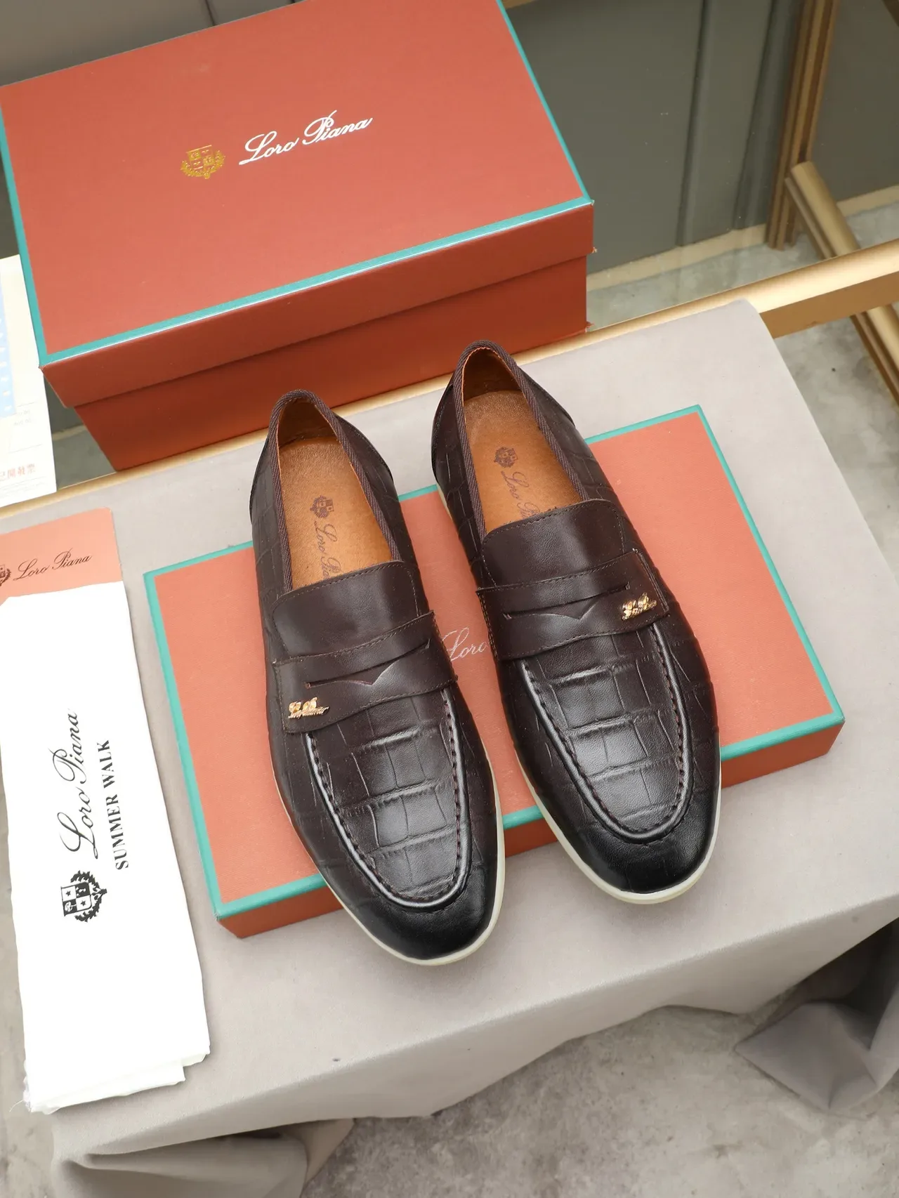 Black Beige Croc-Embossed Leather Penny Strap Loafer 3