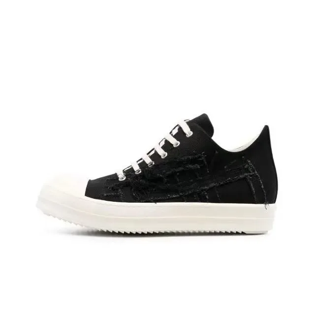 Black Beige Distressed Canvas Contrast Off-White Toe Cap Lifestyle Sneakers 4