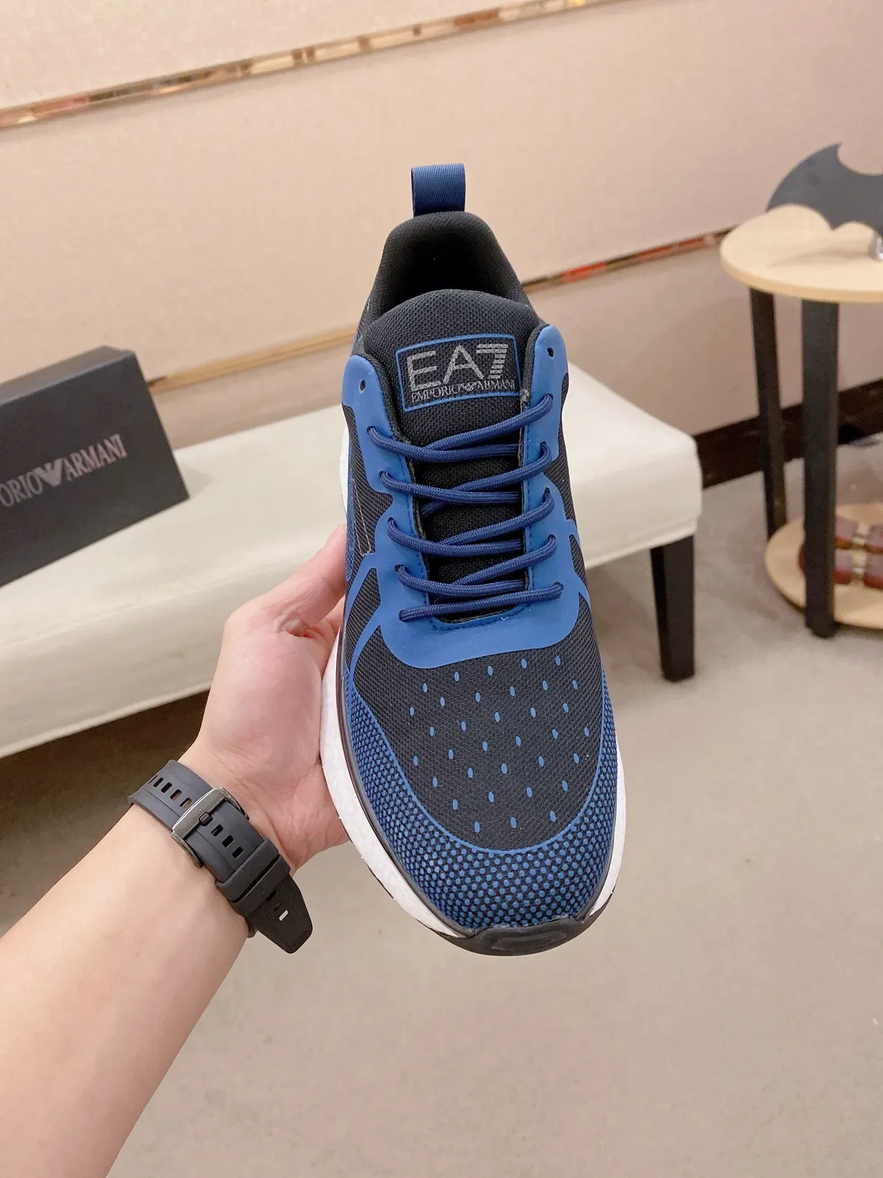 Black Blue Knit Mesh Upper Geometric Overlay Sneakers 2