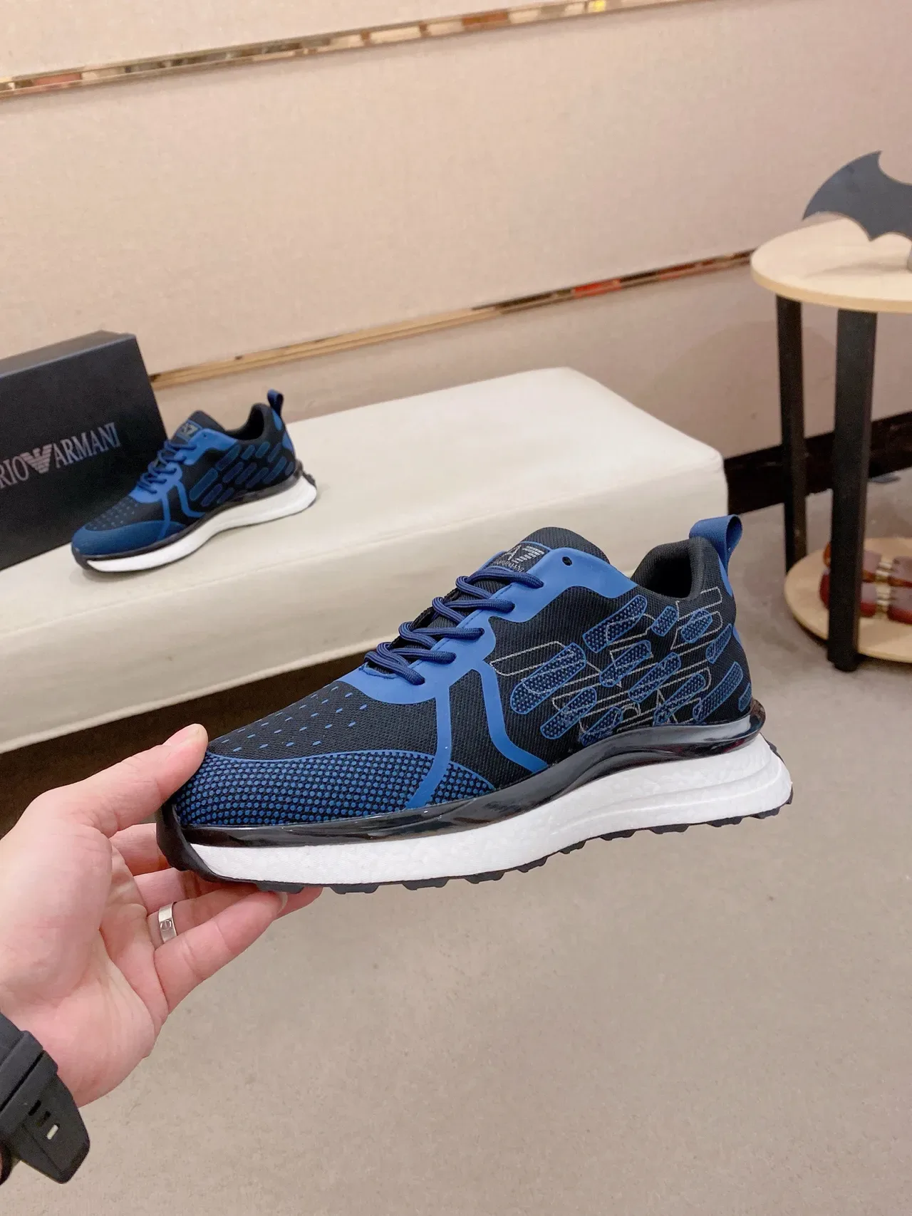 Black Blue Knit Mesh Upper Geometric Overlay Sneakers 3