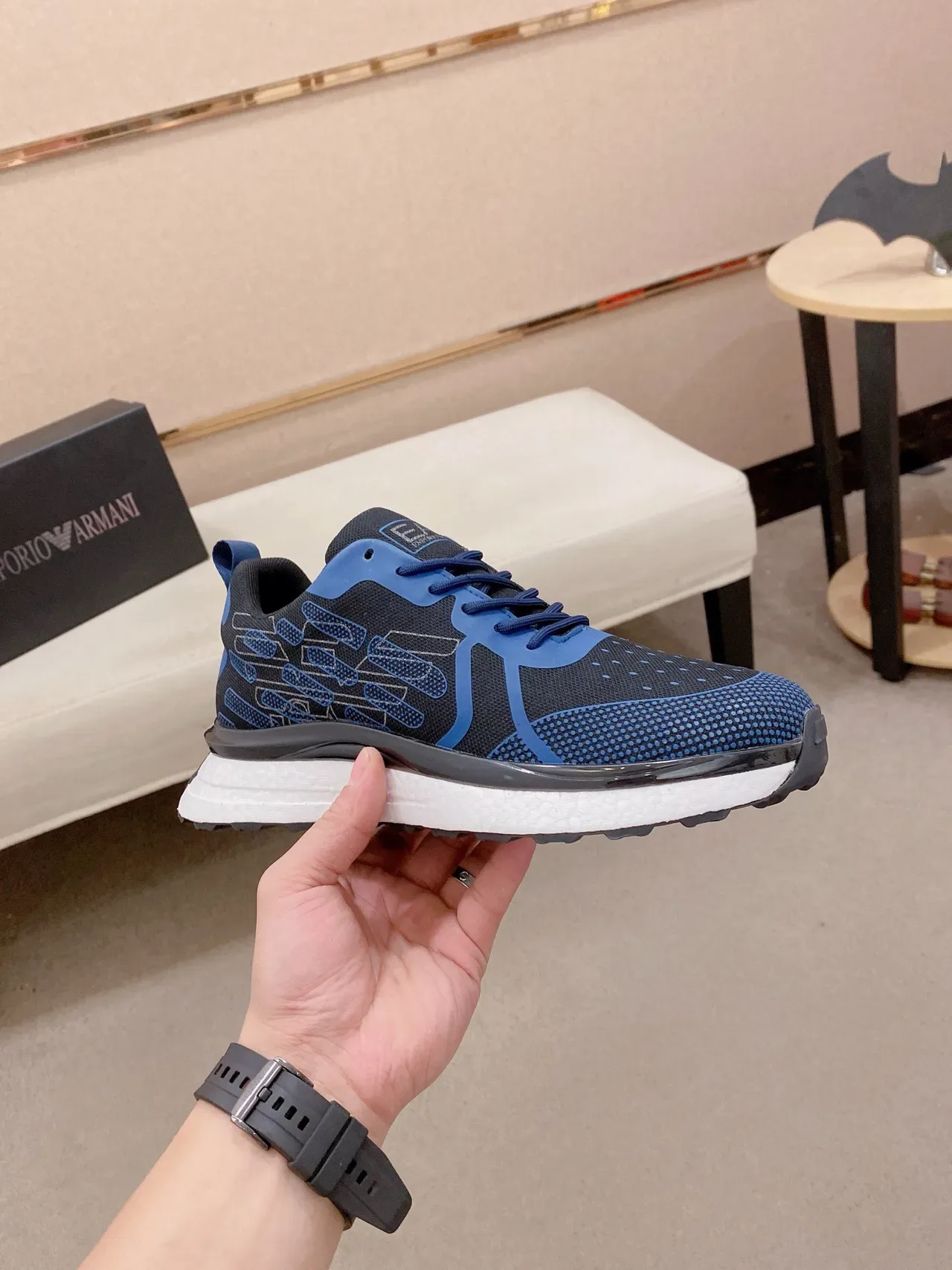 Black Blue Knit Mesh Upper Geometric Overlay Sneakers 4