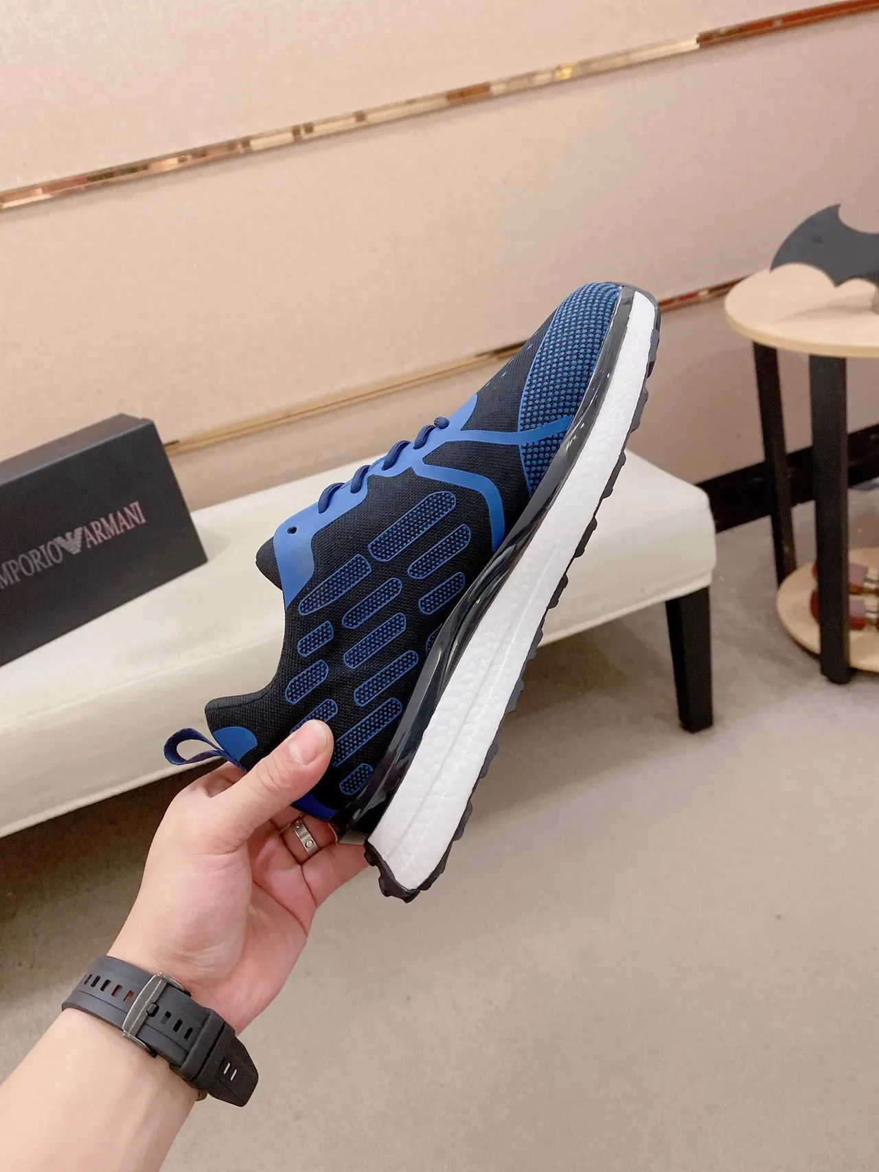 Black Blue Knit Mesh Upper Geometric Overlay Sneakers 5