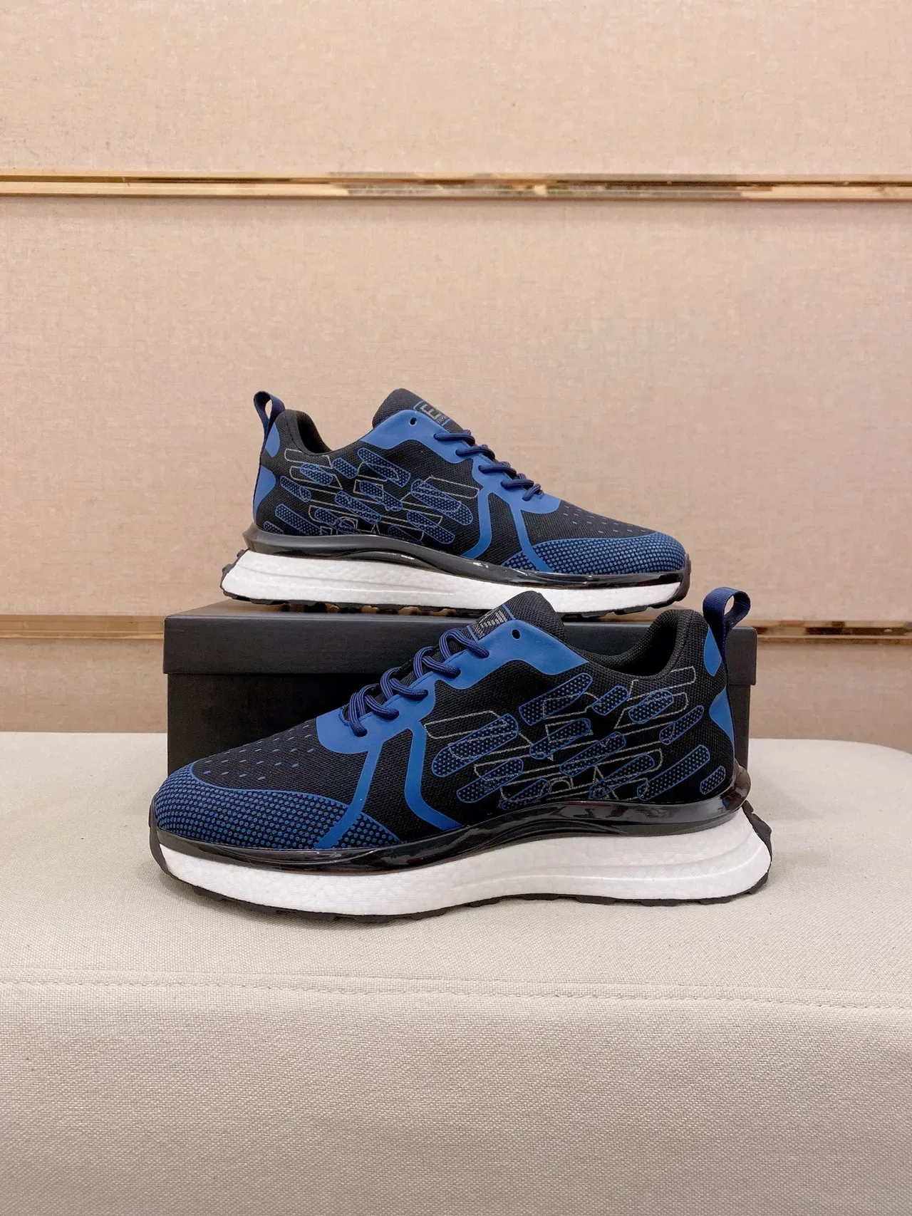 Black Blue Knit Mesh Upper Geometric Overlay Sneakers 7