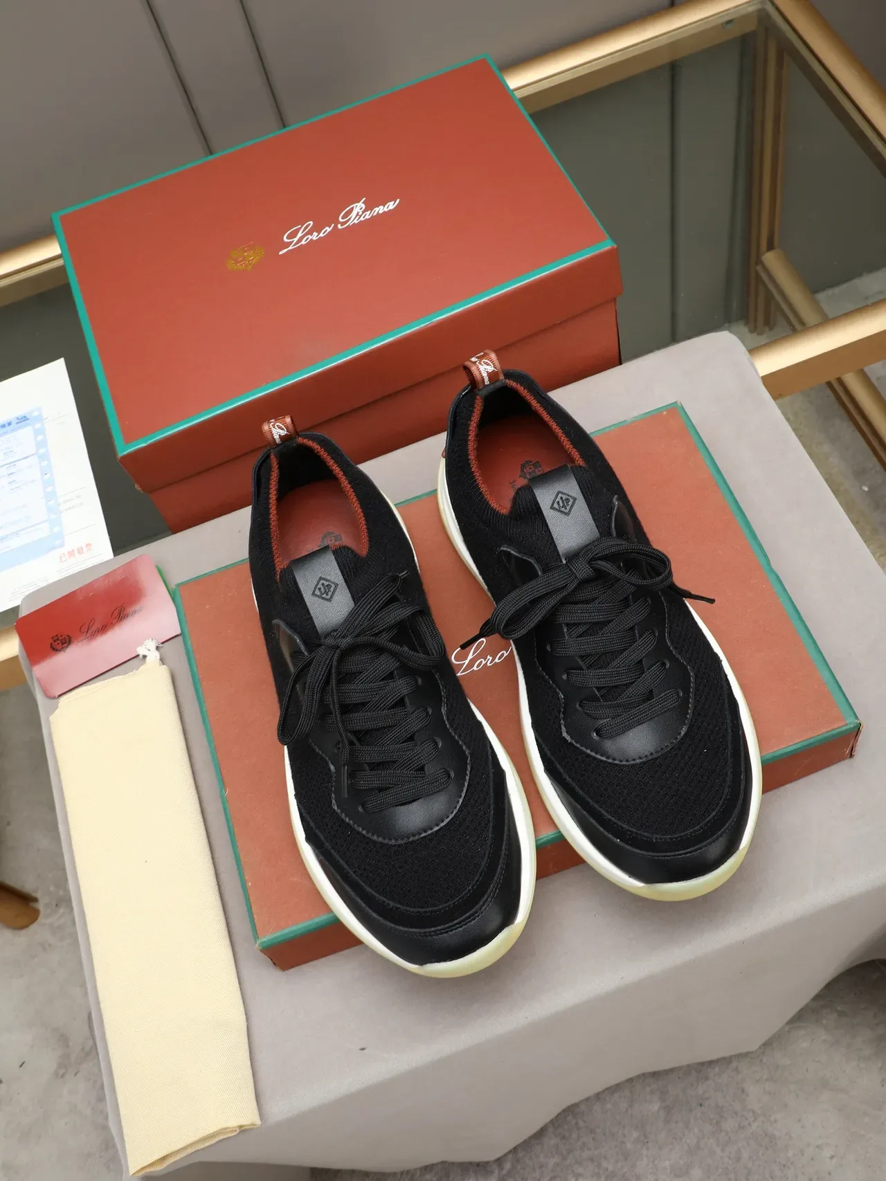 Black Brown Knit-and-Leather Upper Two-Tone Platform Sole Sneakers 2
