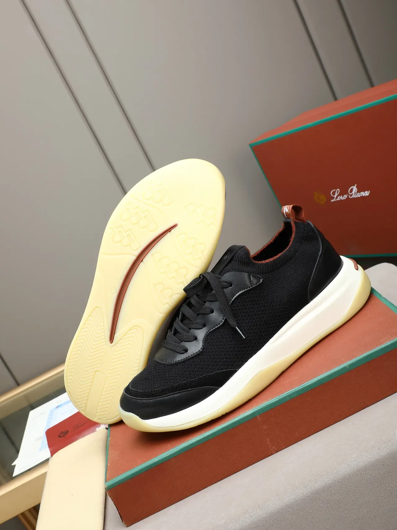 Black Brown Knit-and-Leather Upper Two-Tone Platform Sole Sneakers 4