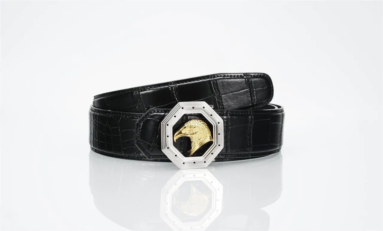 Black Gold Crocodile-Embossed Octagonal Silver Buckle Leather Belt 1
