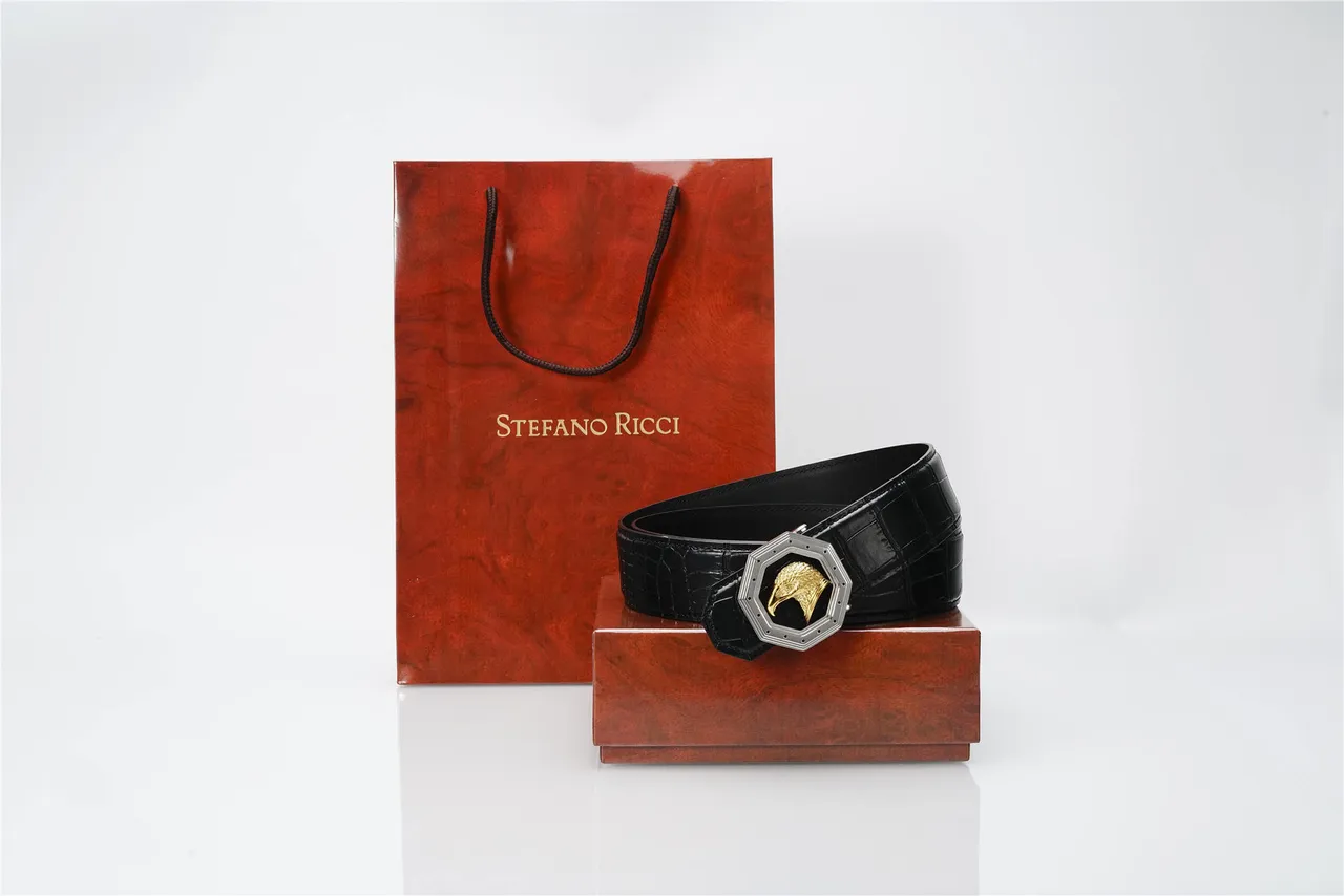 Black Gold Crocodile-Embossed Octagonal Silver Buckle Leather Belt 5