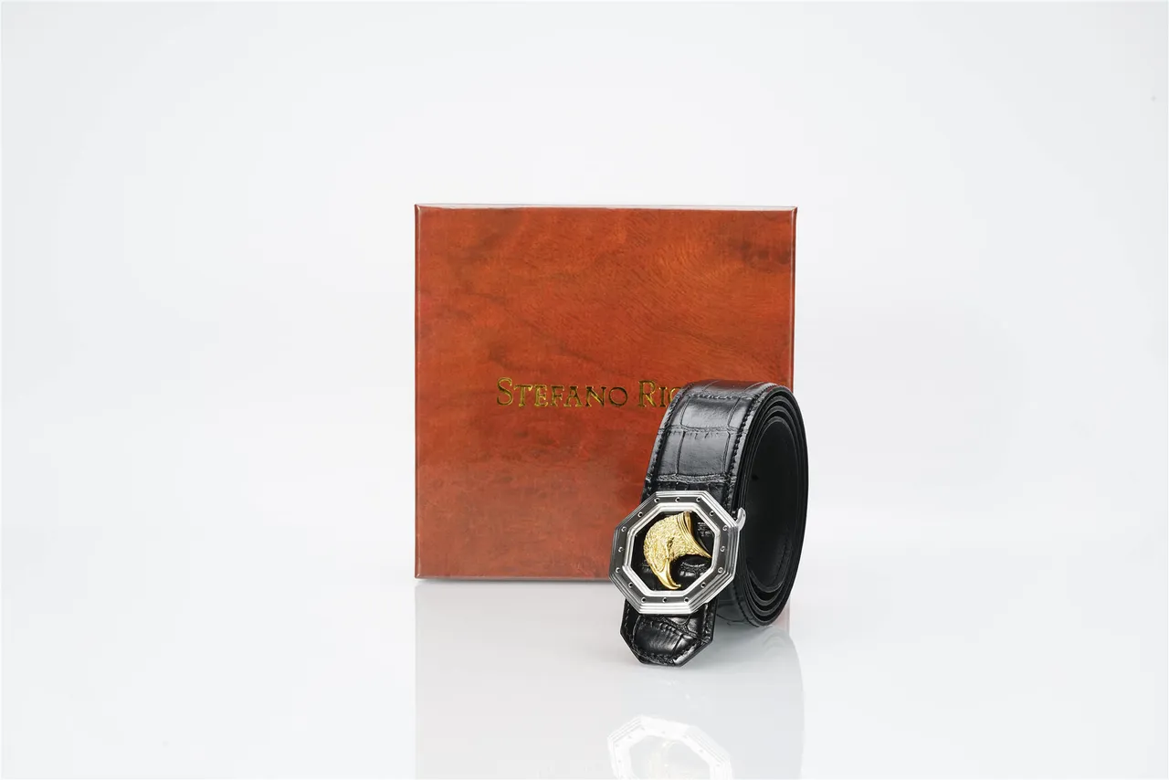 Black Gold Crocodile-Embossed Octagonal Silver Buckle Leather Belt 6