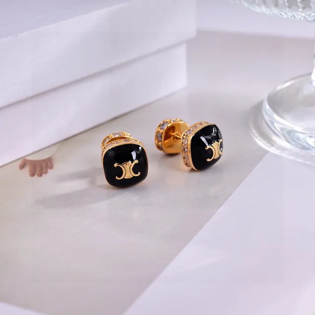 Black Gold Square Enamel Face Metal Earrings 4