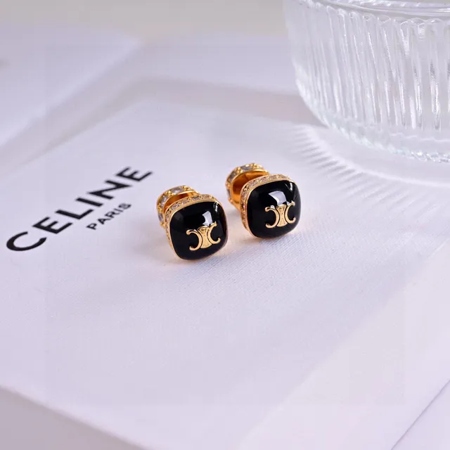 Black Gold Square Enamel Face Metal Earrings 7